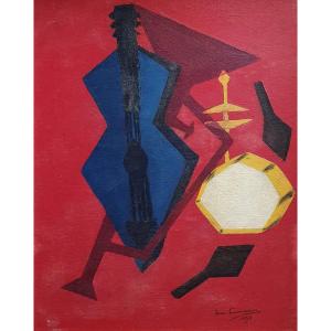 Jean Courvoisier Oil On Panel Cubist Musical Instruments 1959