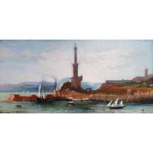 Genoa Lighthouse La Lanterna By Leconte De Roujou Oil On Panel Italy