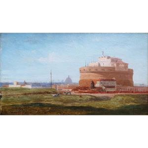 The Castel Sant'angelo And The Vatican Rome By Leconte De Roujou Oil On Panel Italy 1840