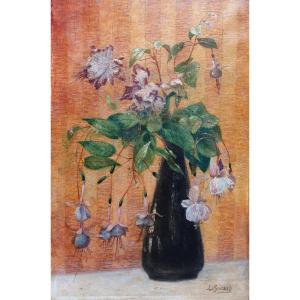 Still Life With Vase Of Fuchsia Flowers Oil On Canvas Circa 1920