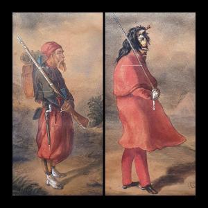 Pair Of Watercolors Zouave And Dragon XIXth Century Signature To Decipher Military Soldier