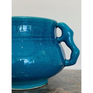 Pol Chambost (1906-1983), Cup With Animal Handles In Chinese Blue Cracked Enamels