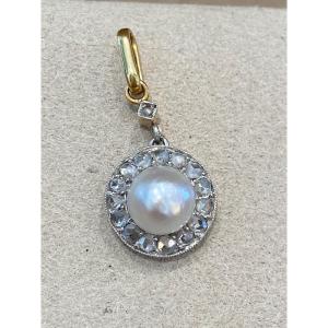 Antique Pendant In Cultured Pearl And Rose Cut Diamonds