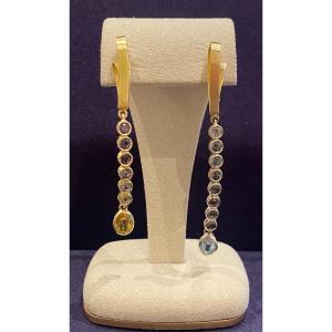 Janine Renard (1947), Gold Earrings & Cascade Of Multi-colored Sapphires