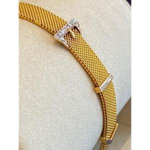 Antique Gold Milanese Mesh Bracelet With Belt Motif