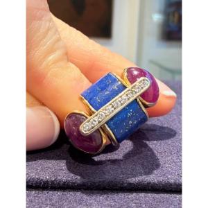 Italian Ring With Lapis, Rubies & Diamonds