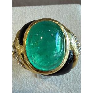 Emerald Cabochon, Diamonds & Black Enamel Ring