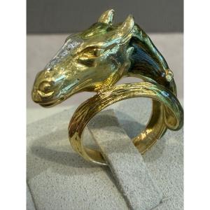 Enamel, Diamonds & Gold Horse Ring