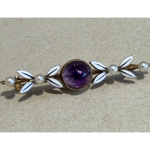 Vintage Amethyst, Enamel, And Pearl Brooch