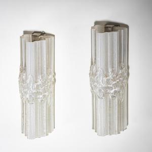 Pair Of Iced Glass Wall Sconces, Italy, Mid-20th Century
