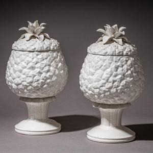 Pair Of Porcelain Pineapple-shaped Lidded Vases, 20th Century