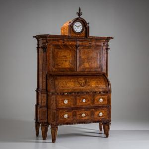 Neoclassical Cylindrical Secretary Desk With Clock, Circa 1780
