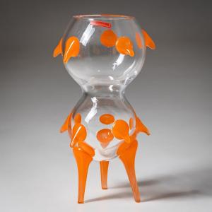Barovier & Toso Vase, Clear Glass And Orange, Bag Series, Italy, Late 20th Century