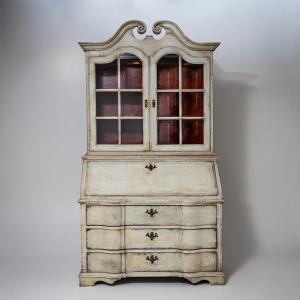 White-painted Secretary Desk With Glass-fronted Cabinet, 18th Century