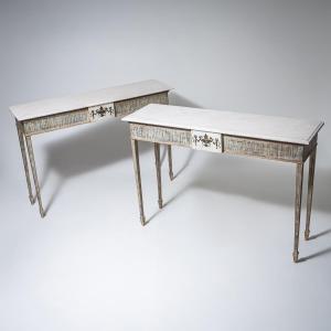 Pair Of Louis XVI Style Console Tables With Molded Stone Tops, 20th Century