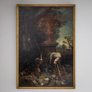 Baroque Hunting Still Life With Dog, 18th Century, Large, Oil On Canvas, Framed