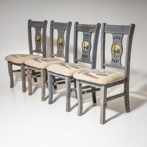 Set Of Four Grey Side Chairs With A City View, 19th Century