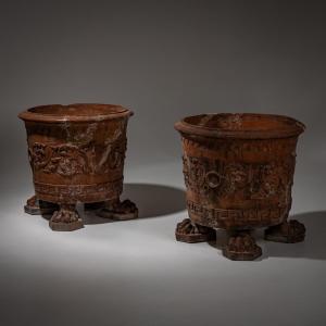 Pair Of Large Terracotta Flower Pots On Lion's Paw Feet, Italy, Late