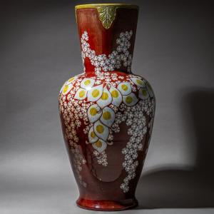 Large Red Vase With Floral Decoration, Zsolnay Ceramic, Hungary, Early 20th Century