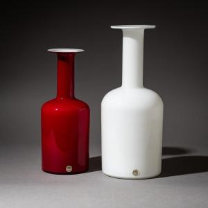 Red And White Glass Vases Designed By Otto Brauer For Holmegaard, Denmark, 1960s