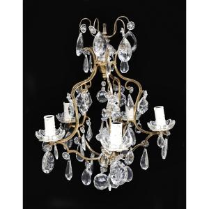 Gilt Brass Chandelier With Crystal Drops And A Central Dagger, 20th Century