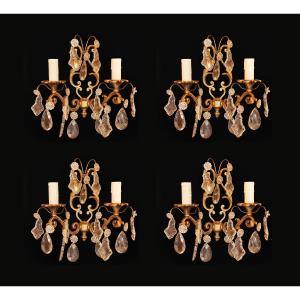 Pair Of Bronze Wall Sconces With Crystal Drops, 20th Century