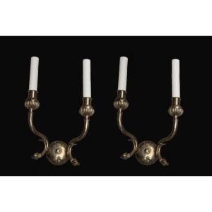 Pair Of Brass Wall Sconces With Fish Motifs, 20th Century
