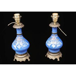 Pair Of Blue Lamps With Floral Motifs, Late 19th - Early 20th Century