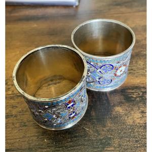 Pair Of Round Russian Towels In Cloisonné Silver