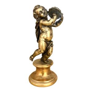 Antique Gilded Bronze Statue Of A Cherub With A Tambourine – Signed Clodion / Georges