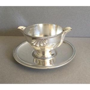Silver Metal Sauce Boat With Tray.