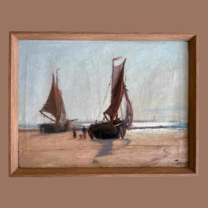 Two Sailboats On A Beach, Oil On Canvas Signed Einar From And Dated 1909