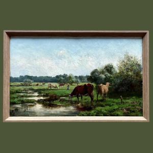 Cow In The Pasture, Oil On Canvas, Late 19th Century