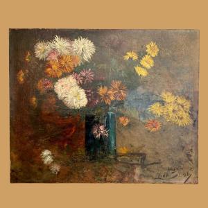 Still Life With Chrysanthemums, Oil On Canvas, Signed, 19th Century