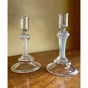 A Unique Pair Of Composite Glass Footed Candlesticks, First Half Of The 18th Century. 19cm