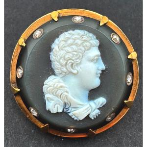 Profile Of Hercules And The Nemean Lion - Cameo Brooch In Agate, Gold And Diamonds, 19th Centur