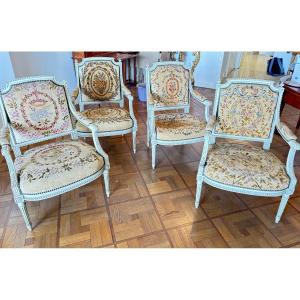 Fauteuils Louis 16 Tapisserie Au Petit Point 19e Cabriolet Siège Tapisserie