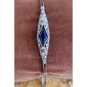 Art Deco Silver Bracelet With Real Diamonds And A Blue Glass Paste
