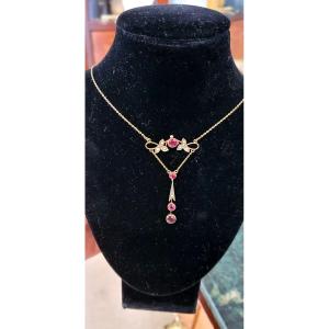Belle Epoque Gold Necklace Set With Garnetss And Pearls