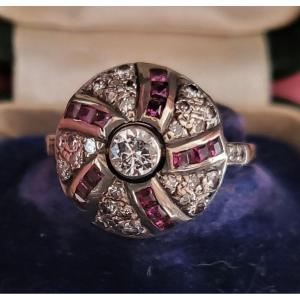 Art Deco Vintage Domed Ring Set With Rubies And Diamonds