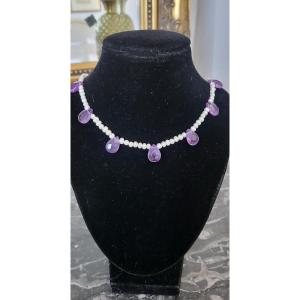 Vintage Necklace Set With Cultured Pearls And Amethyst Drops 