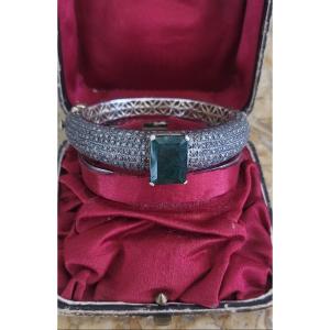 Bangle Bracelet Set With A Large Emerald, Paved With Diamonds In Vermeil 