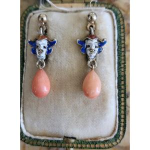 Enamel/coral/gold/silver Vintage Earrings 