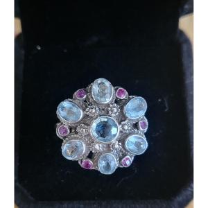 Vintage Cocktail Ring With Acquamarines, Rubies In Gold And Silver