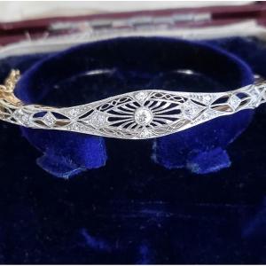 Belle Epoque/edwardian Bangle 14ct Gold  Platinum Bracelet Set With Diamonds, Old European Cut 