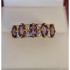 Pretty Garter Ring - 18k Yellow Gold Ring With Amethysts And Small Diamonds 