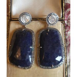 Silver Earrings Set With  Blue Spinel And Rose Cut  Diamonds 