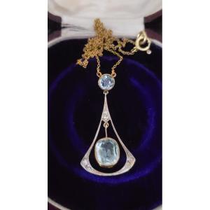 Acquamarine  Art Deco Necklace - Set With Aquamarines And Diamonds, In 14ct Gold