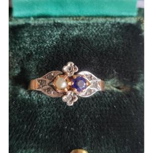 Toi And Moi 18k Gold Ring With Diamonds, Iolite And Pearl 