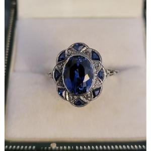 Art Deco Ring In 18ct White Gold Set With Sapphires And Diamonds 